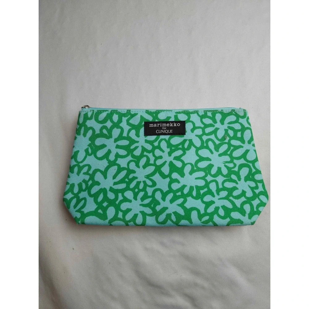 Marimekko for Clinique Makeup Bag Green Floral Canvas Cosmetic Pouch Blue Teal